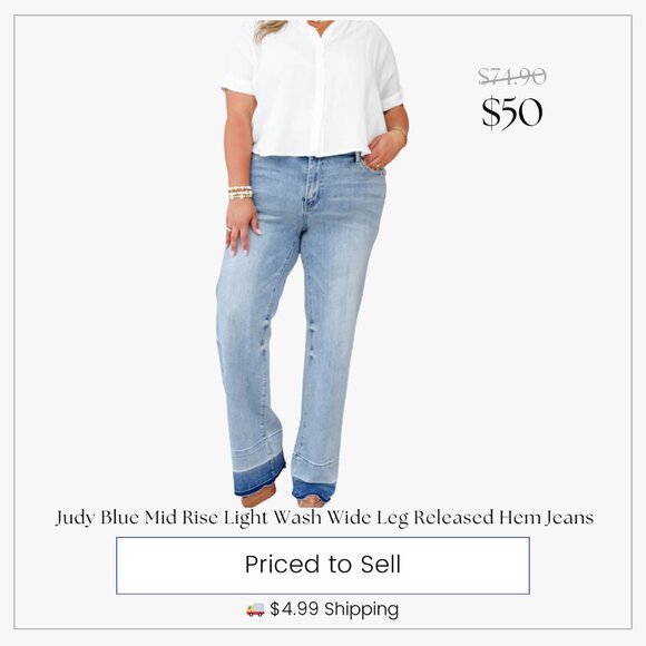 Judy Blue Mid Rise Light Wash Wide Leg Released Hem Jeans - Picture 1 of 11